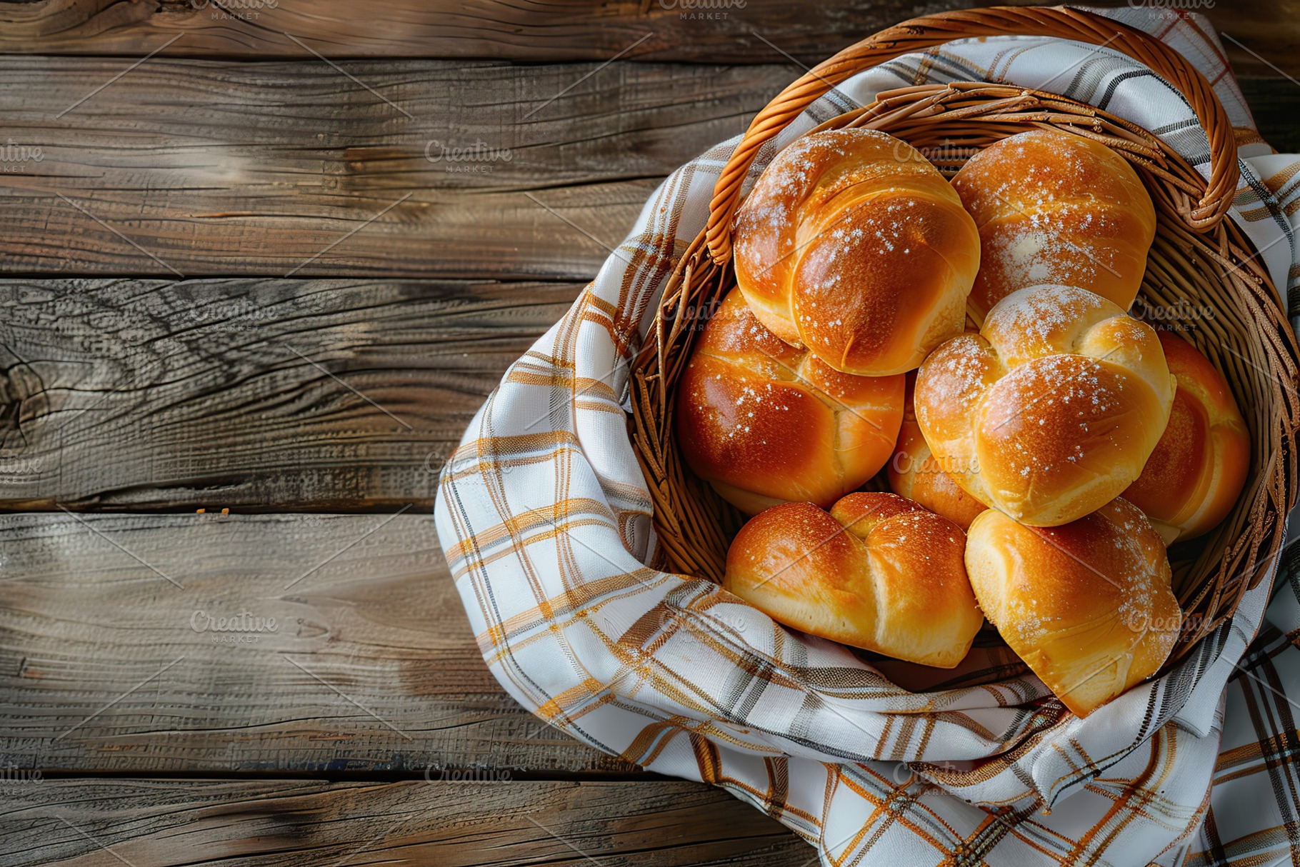Freshly different baked buns in basket on wooden table, a Food & Drink Photo by AlyaAnd