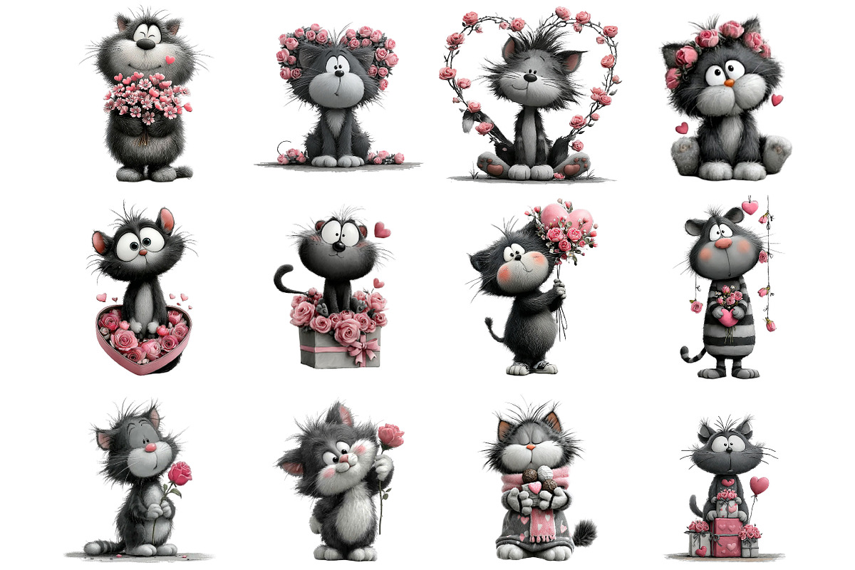 Whimsical Valentine Cats Clipart, an Illustration by DreamArtGraphic (Photo 3 of 4)