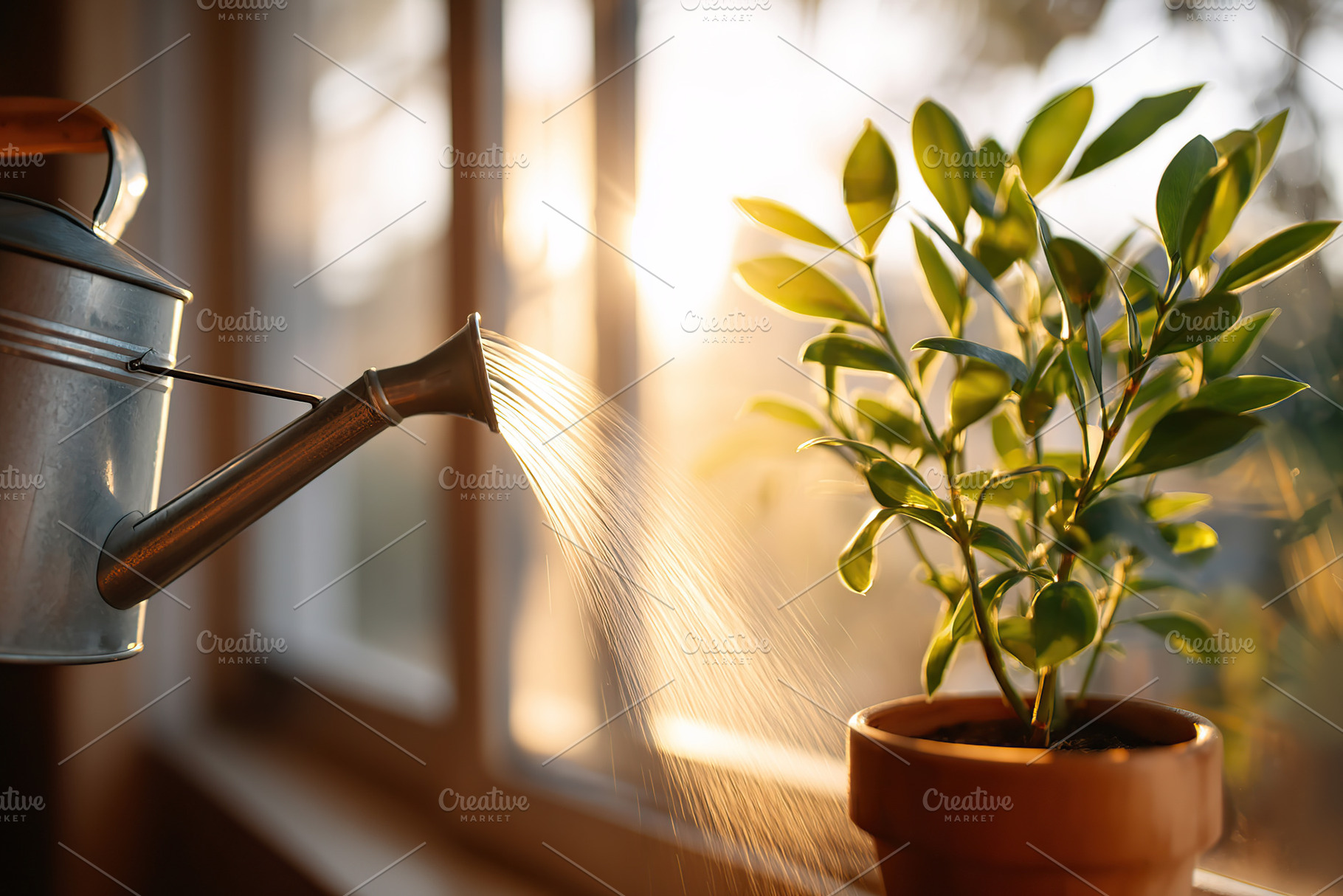 Watering indoor plants during a sunny Sunday morning ritual in a cozy home, a Nature Photo by AlyaAnd