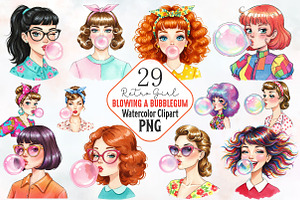 Retro Girl Blowing a Bubblegum Png, an Illustration by RobertsArt
