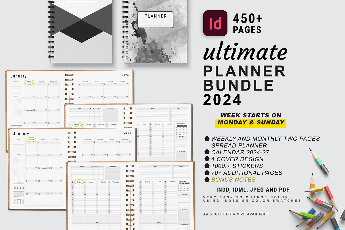 2024 MONDAY & SUNDAY START PLANNER, a Stationery Template by MNT-Creator (Photo 1 of 11)