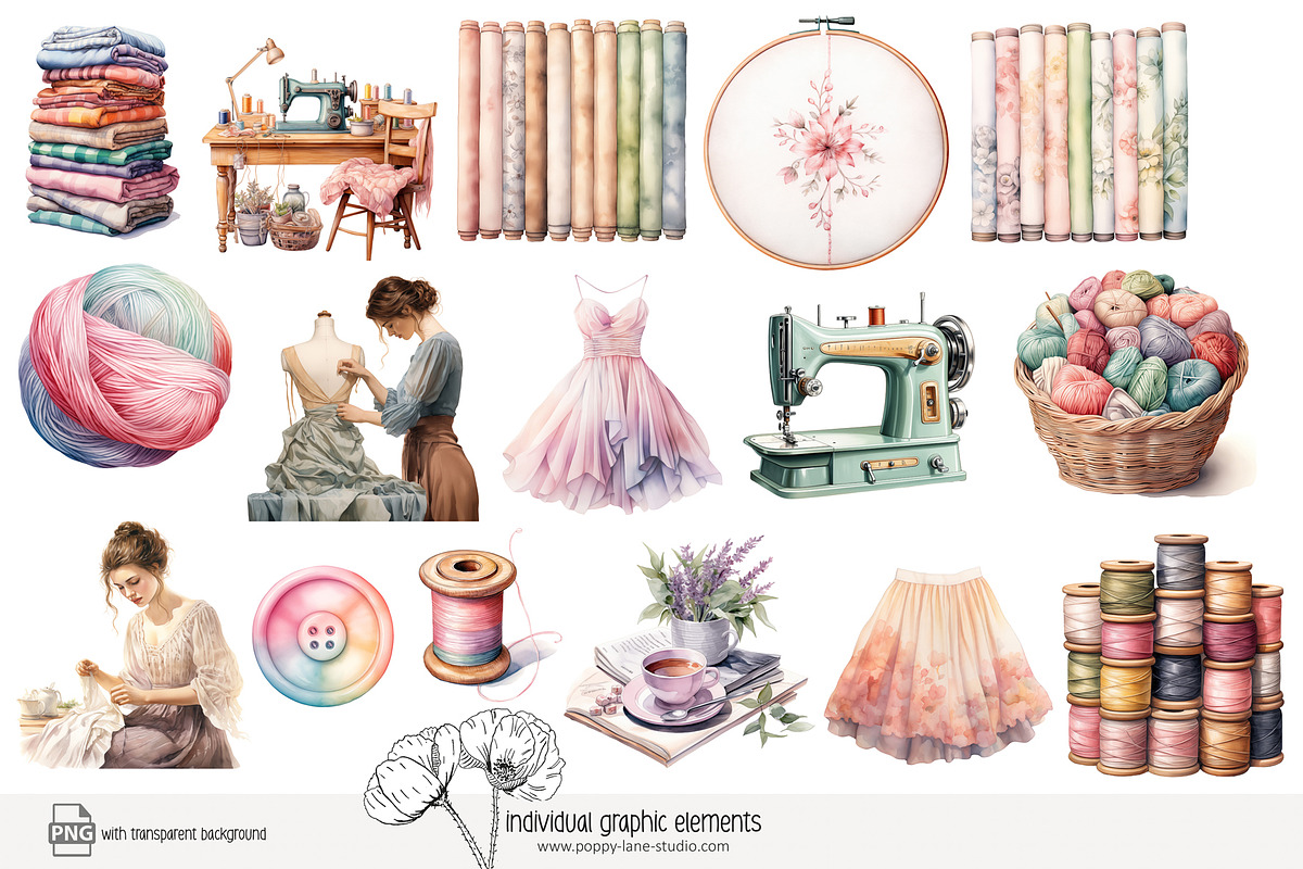 90 watercolour seamstress clip art, a Work Illustration by Poppy Lane Studio (Photo 3 of 11)
