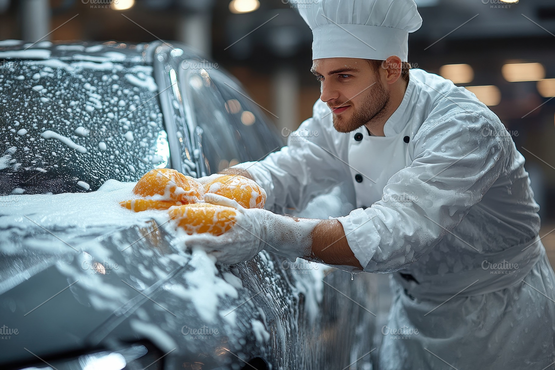 Chef washes a car with soap and wate, a Photo by Tanuart