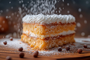 Delicious dessert: a slice of fluffy vanilla cake topped with wh, a Food & Drink Photo by ImageMir