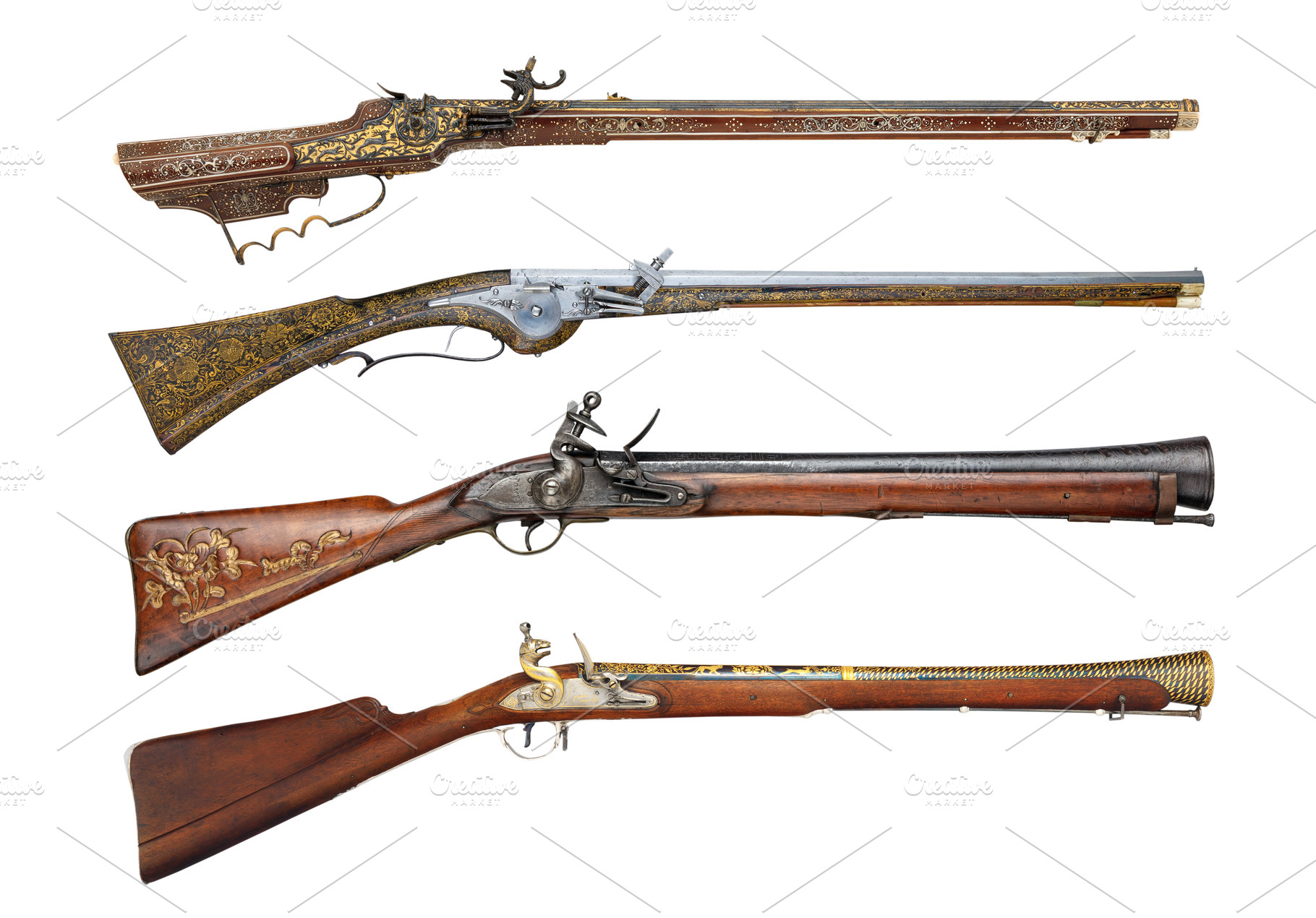 Old ancient rifle firearms isolated, an Industrial Photo by BOOCYS
