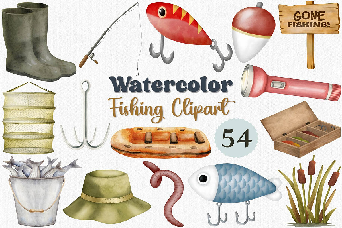 Watercolor Fishing Clipart Set, an Illustration by CropUp Creative (Photo 1 of 4)
