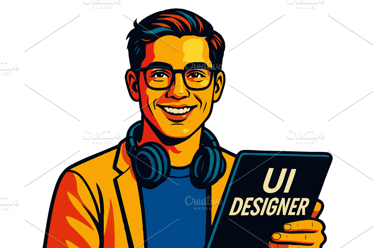 male UI designer holding tablet, a Technology Illustration by AlexArt