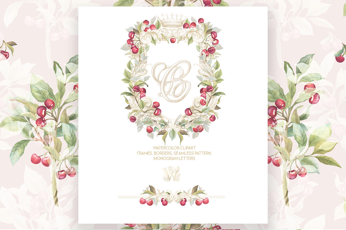 Elegant Cherry Crest Watercolor png, a Decorative Illustration by WonderWonder (Photo 1 of 8)