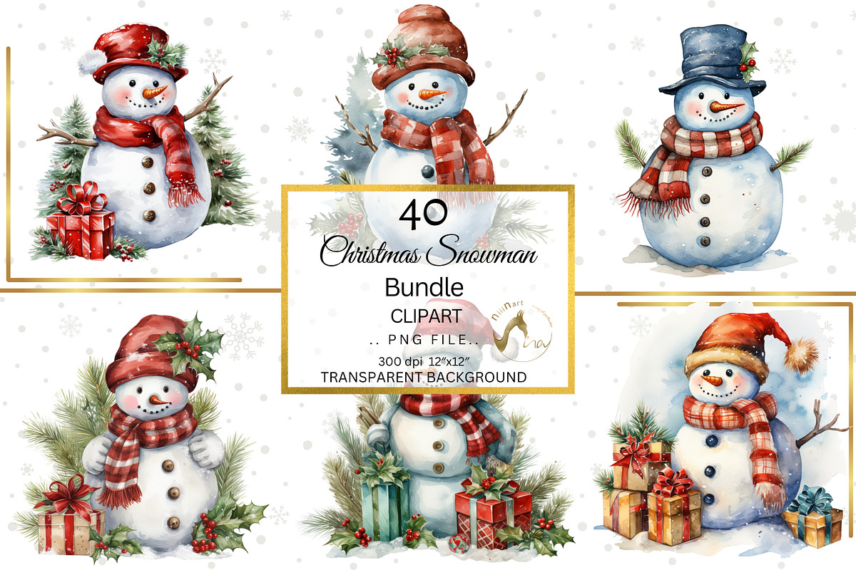 Watercolor Snowman Clipart Bundle, a Seasonal Illustration by NiiiNArt