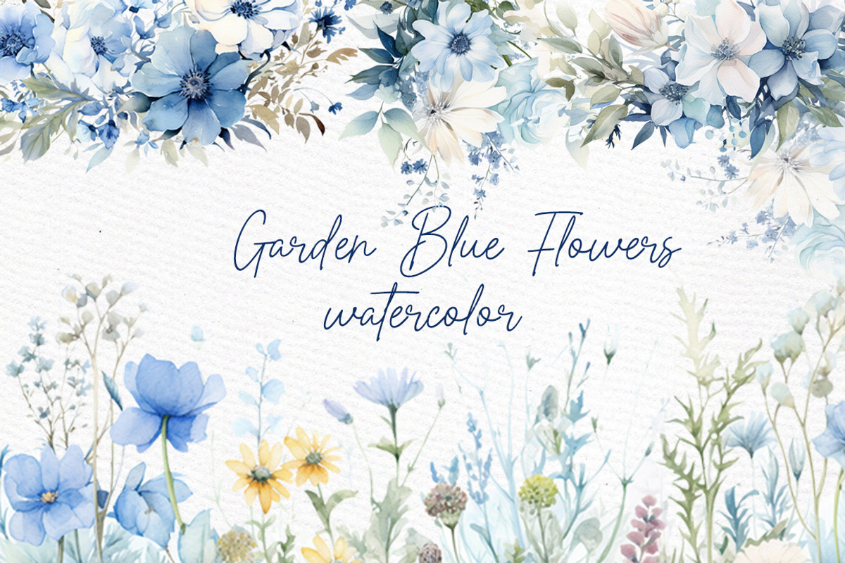 Watercolor Blue Garden flowers Png, a Decorative Illustration by LeCoqDesign (Photo 1 of 5)
