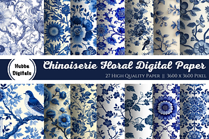 Chinoiserie Floral Digital Paper, an Illustration by HubbaDigitals