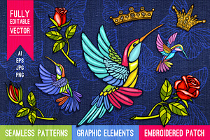 Hummingbird Roses Embroidered Patch
