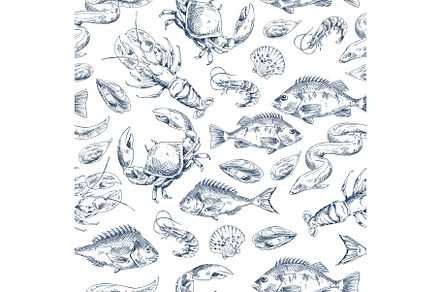 Crawfish and Fishes Sketch Vector