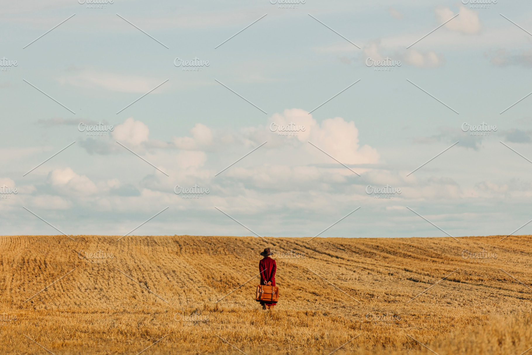 Stylish woman in vintage hat red coat with suitcase on wheat fie, a Person Photo by Masson Simon