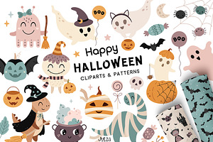 Cute Halloween clipart & patterns, a Seasonal Illustration by JulzaArt