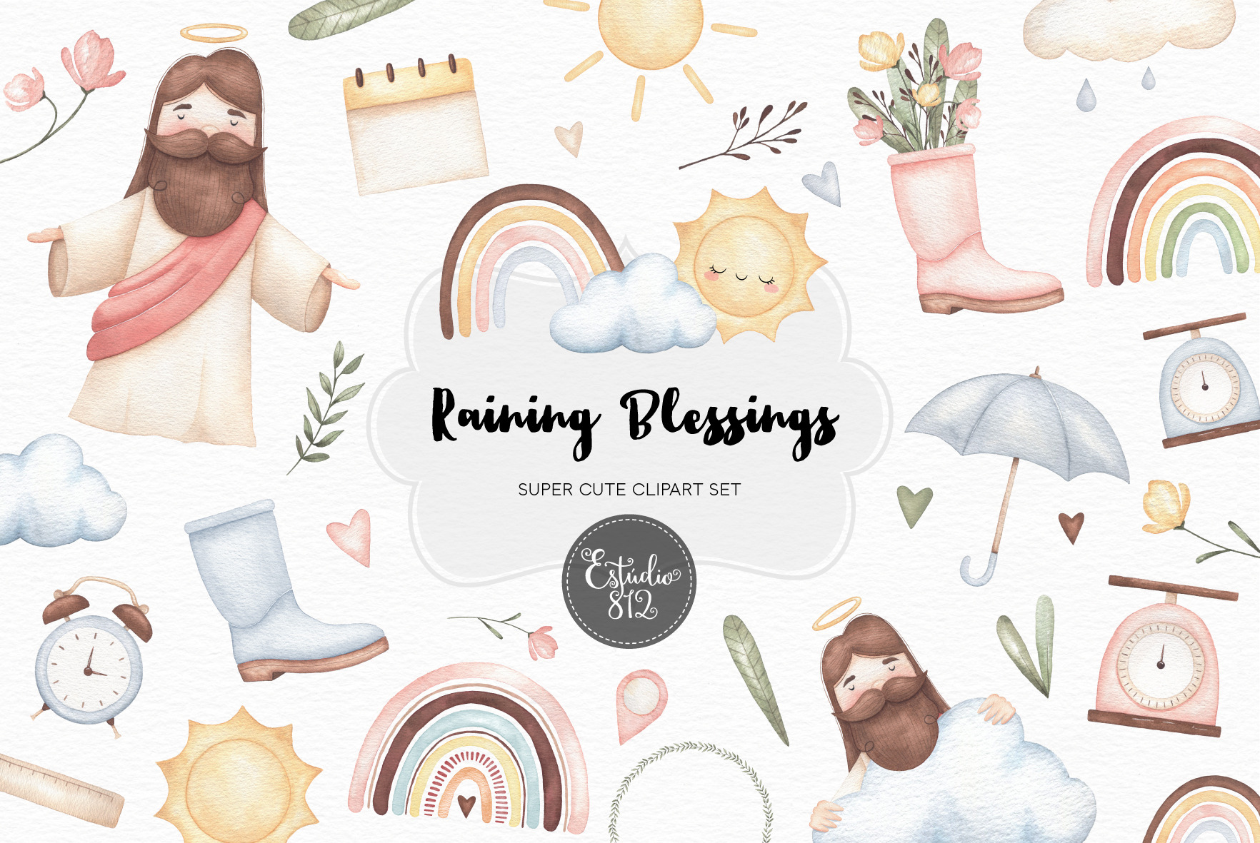 Raining Blessings Watercolor clipart, an Illustration by Estudio 812