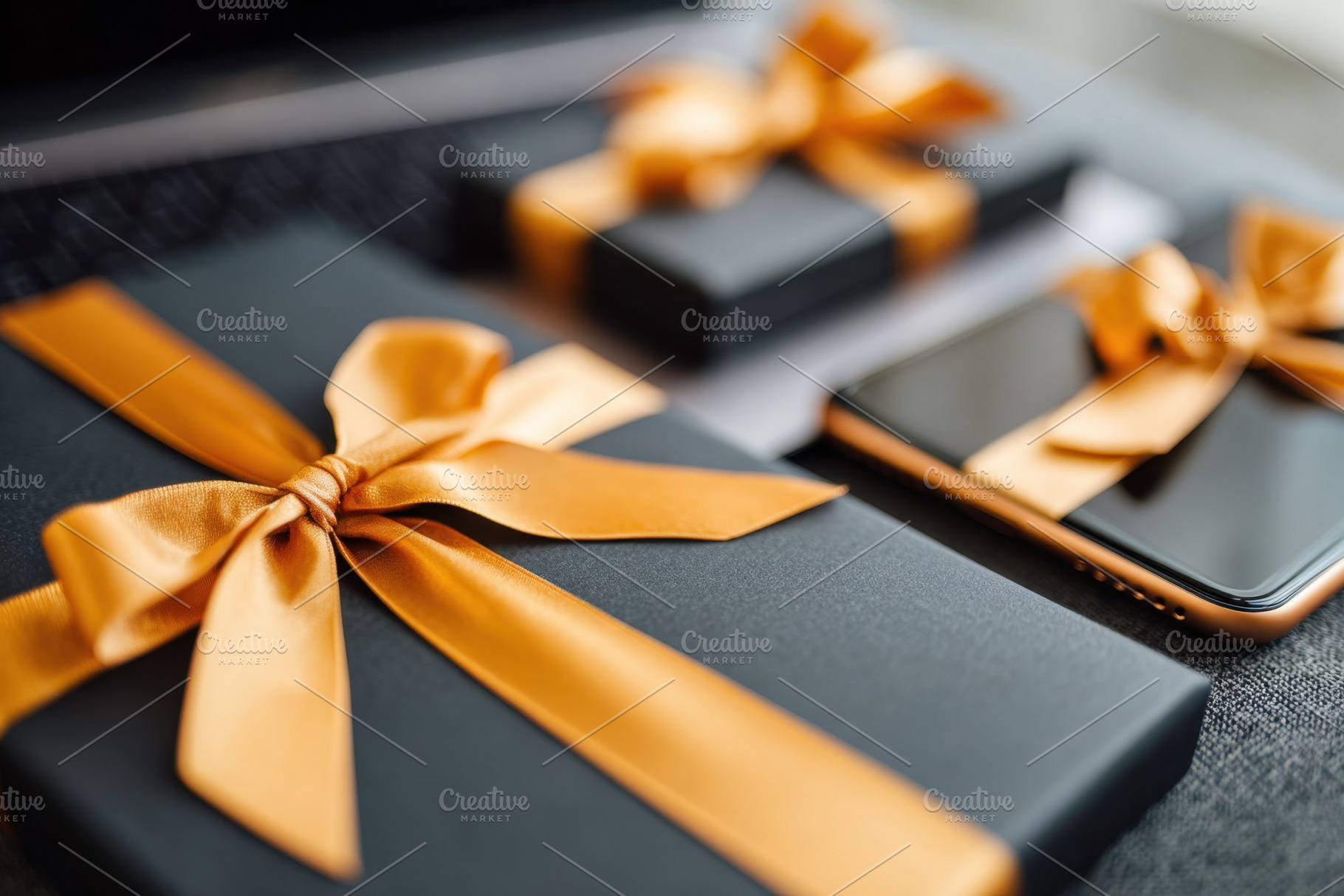 Elegant black gift boxes with orange ribbons and smartphone, a Holiday Photo by AlyaAnd