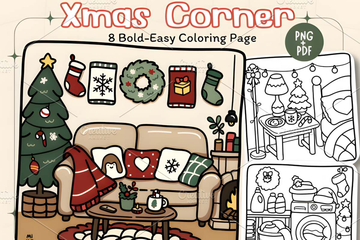 Xmas Corner Coloring Pages, a Seasonal Illustration by Coco Bloom (Photo 1 of 5)