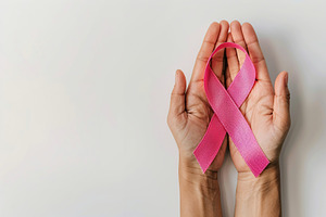 Pink ribbon in female hands, breast cancer, a Health & Medical Photo by AlyaAnd