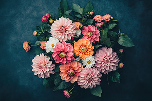 Colorful dahlia bouquet featuring pink, orange, and white blooms arranged artis, a Nature Photo by AlyaAnd