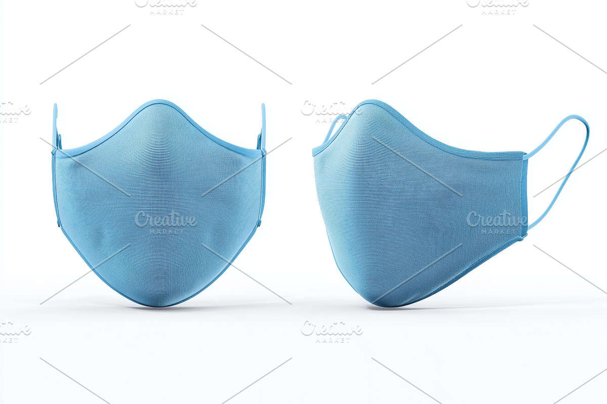 Two blue fabric face masks mockup on a white background, a Mask Mockup by Textures & Backgrounds