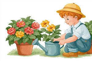 Boy wearing a straw hat planting a flower in a pot, learning gar, an Illustration by Studio ANNA
