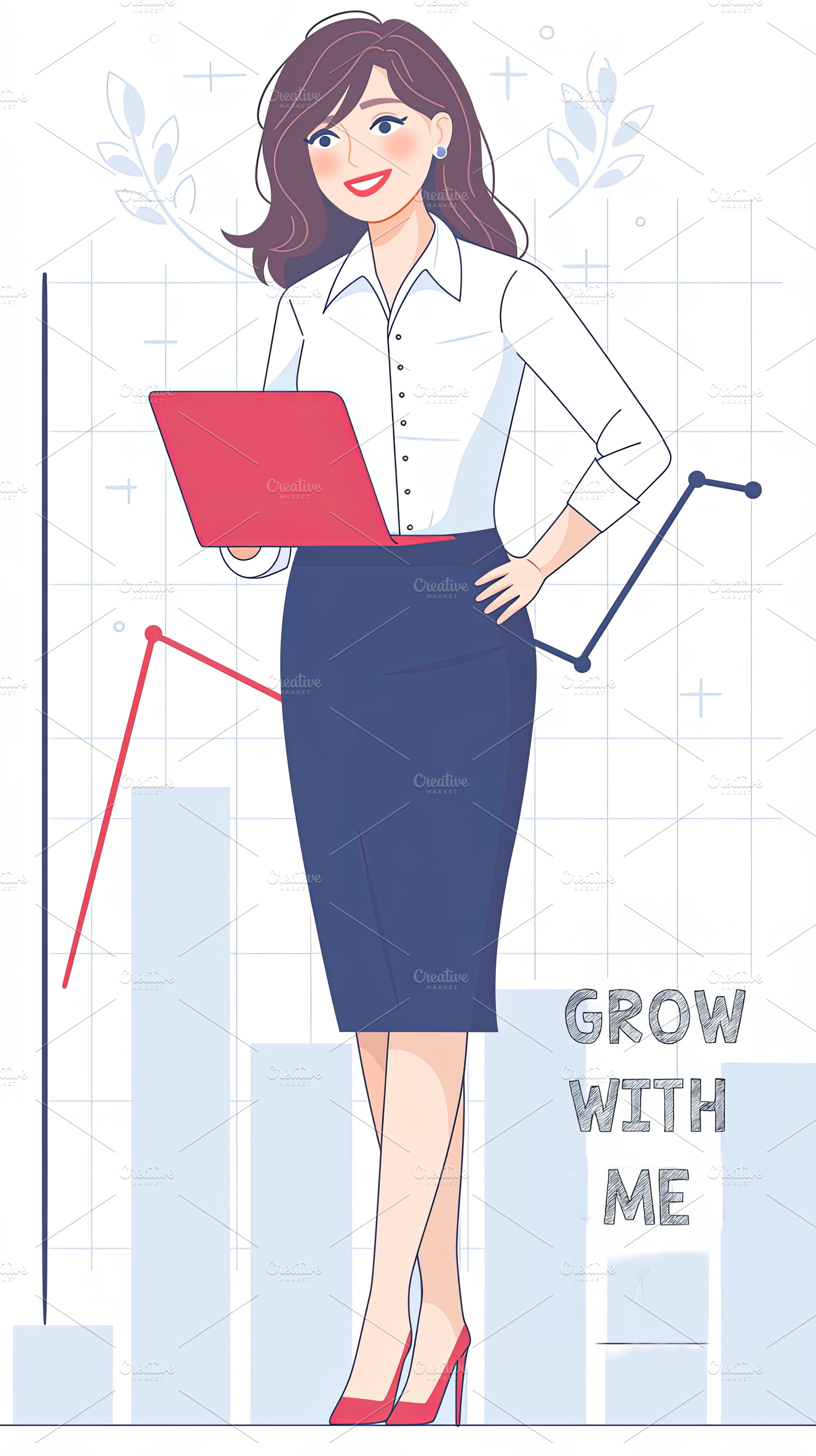 Successful businesswoman analyzing growth data with charts and laptop, a Photo by AS photostudio