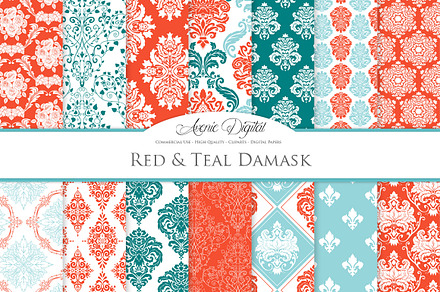 "28 Teal and Red Damask Digital Paper", a Pattern Graphic by Avenie Digital