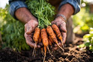 Harvesting fresh organic carrots from fertile soil during a sunny day on the fa, a Food & Drink Photo by AlyaAnd