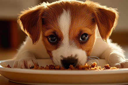 Cute Dog Puppy Eating at Home, an Animal Photo by Virgo Studio