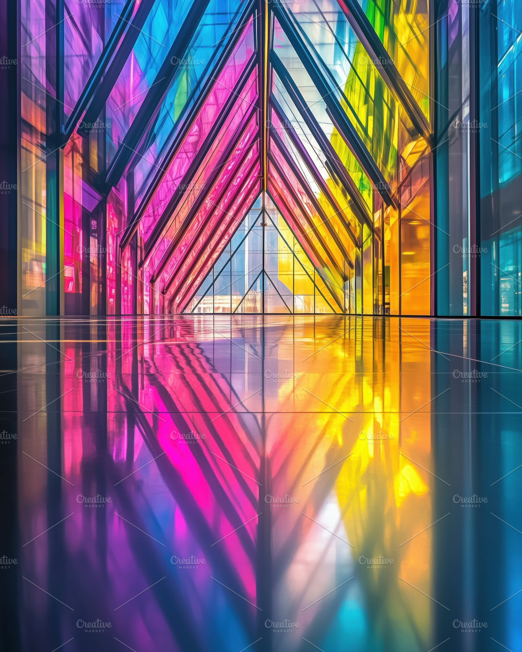 A vibrant, modern architectural interior featuring colorful glass panels that c, an Arts & Entertainment Photo by Textures & Backgrounds