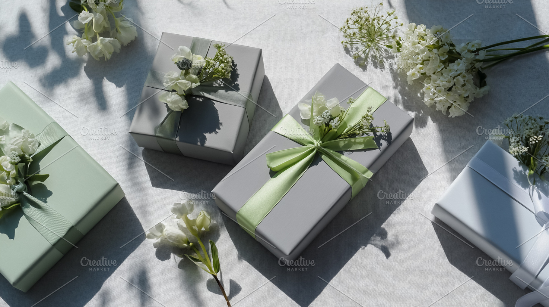 Elegant gift boxes decorated with flowers, ribbons, and natural, a Photo by Studio ANNA