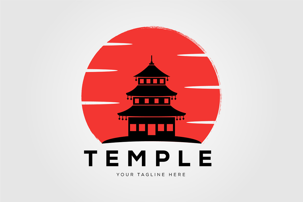 sunset silhouette pagoda temple logo, a Graphic by Rizkaarishandy_shop