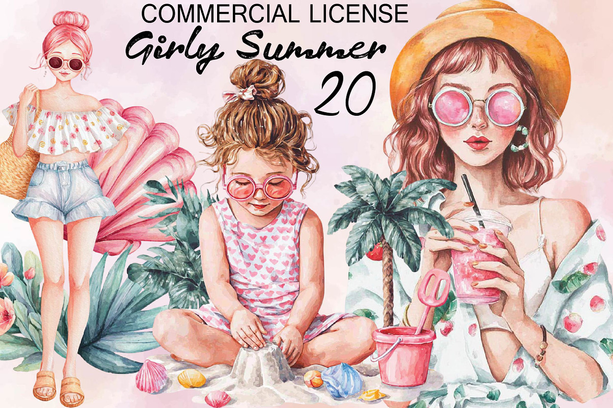 Watercolor Girly Summer Clipart, an Illustration by SVGArt (Photo 1 of 9)