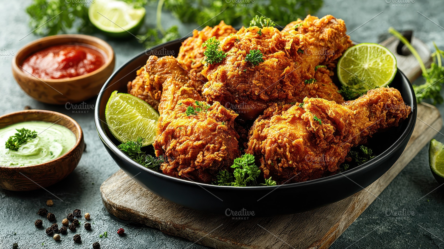 Crispy Fried Chicken with Dipping Sa, a Photo by Pixeness Studio