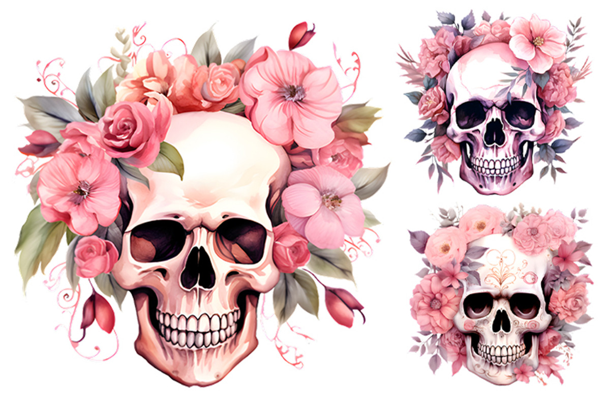 Watercolor Pink Skull Clipart Bundle, an Object Illustration by Creative Arslan (Photo 3 of 9)