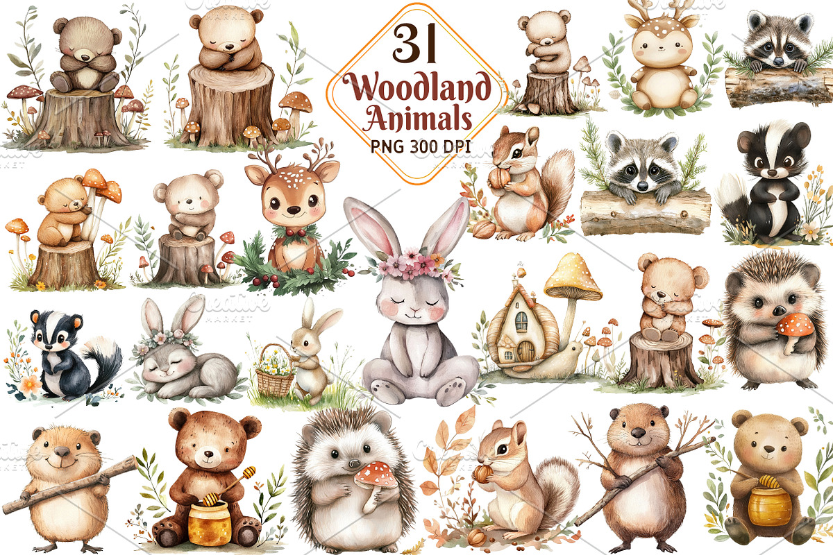 Cute Woodland Animal Clipart, an Illustration by Watercolor design (Photo 1 of 10)