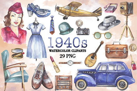 1940's clipart png watercolor