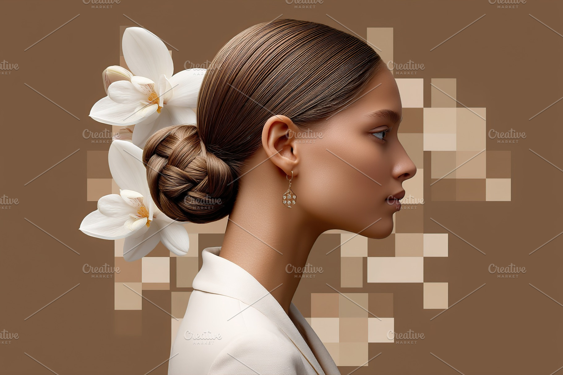 Elegant woman with braided hairstyle and white flowers against a neutral backgr, a Beauty & Fashion Photo by AlyaAnd