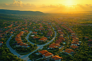 Residential area nestled in green hi, a Photo by Tanuart