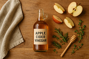 Apple cider vinegar bottle with slic, a Photo by Dvoevnore photos