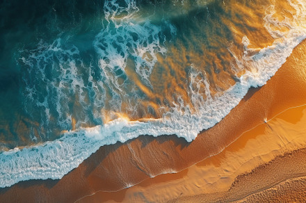 Ocean waves on beach sand from top view. Generative AI, a Nature Photo by AlyaAnd