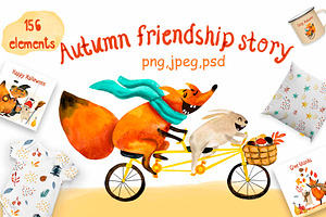Watercolor fox rabbit autumn clipart