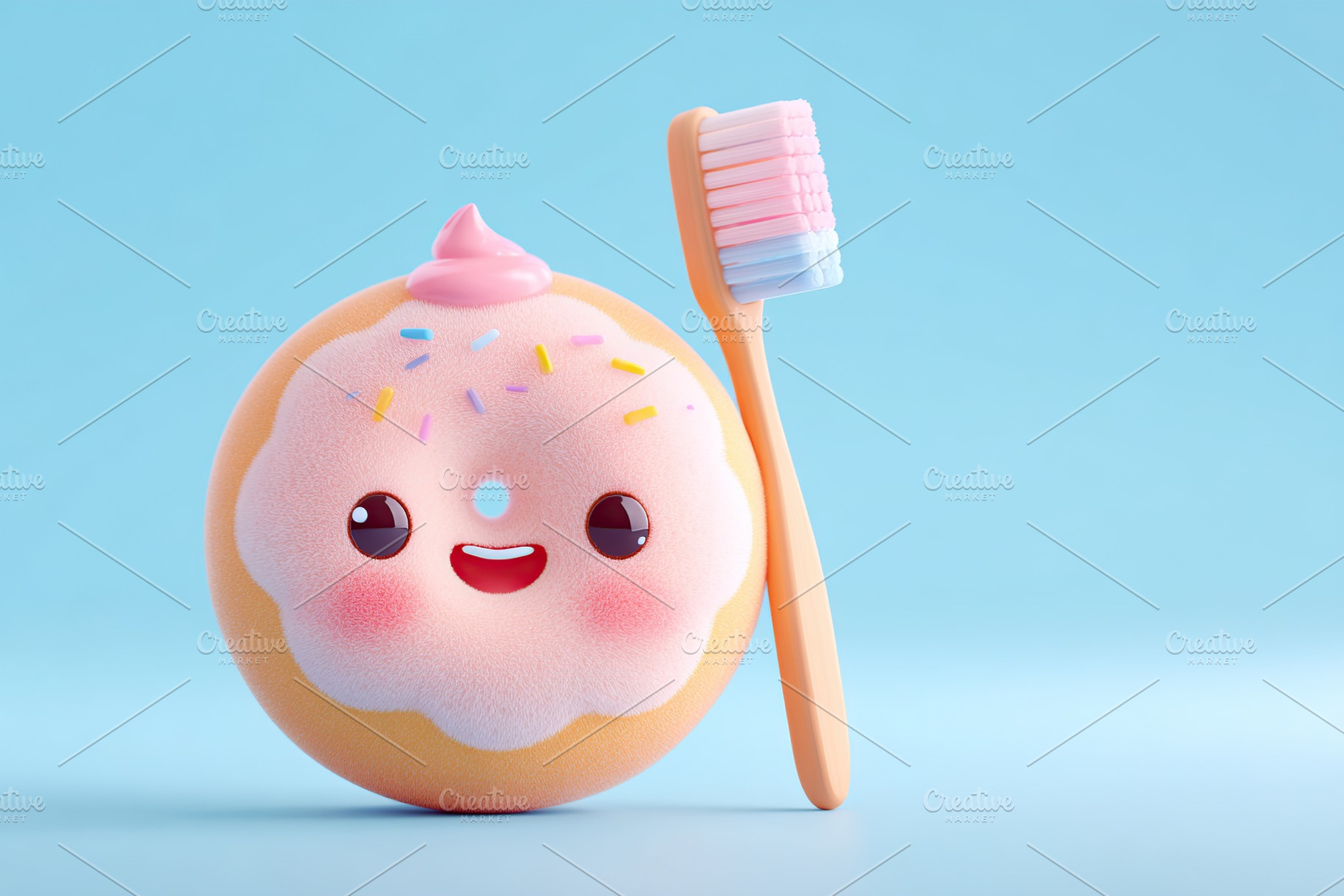 Cute donut character with a toothbrush on a light blue background for fun denta, a Photo by AlyaAnd