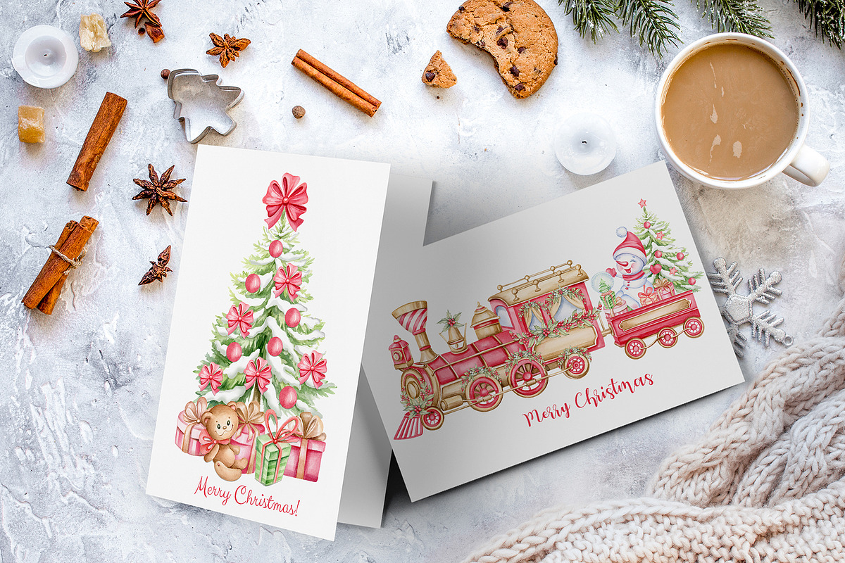 Christmas train watercolor clipart, an Illustration by MarinadeArt (Photo 6 of 8)