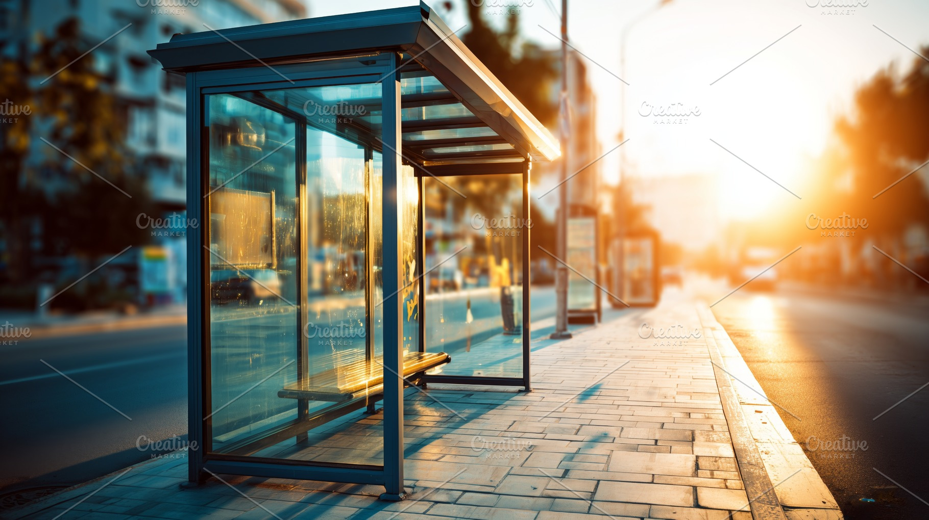 Serene Urban Bus Stop at Sunset with Empty Glass Shelter and Sunlight Reflectio, a Transportation Photo by Ocean Digital Art