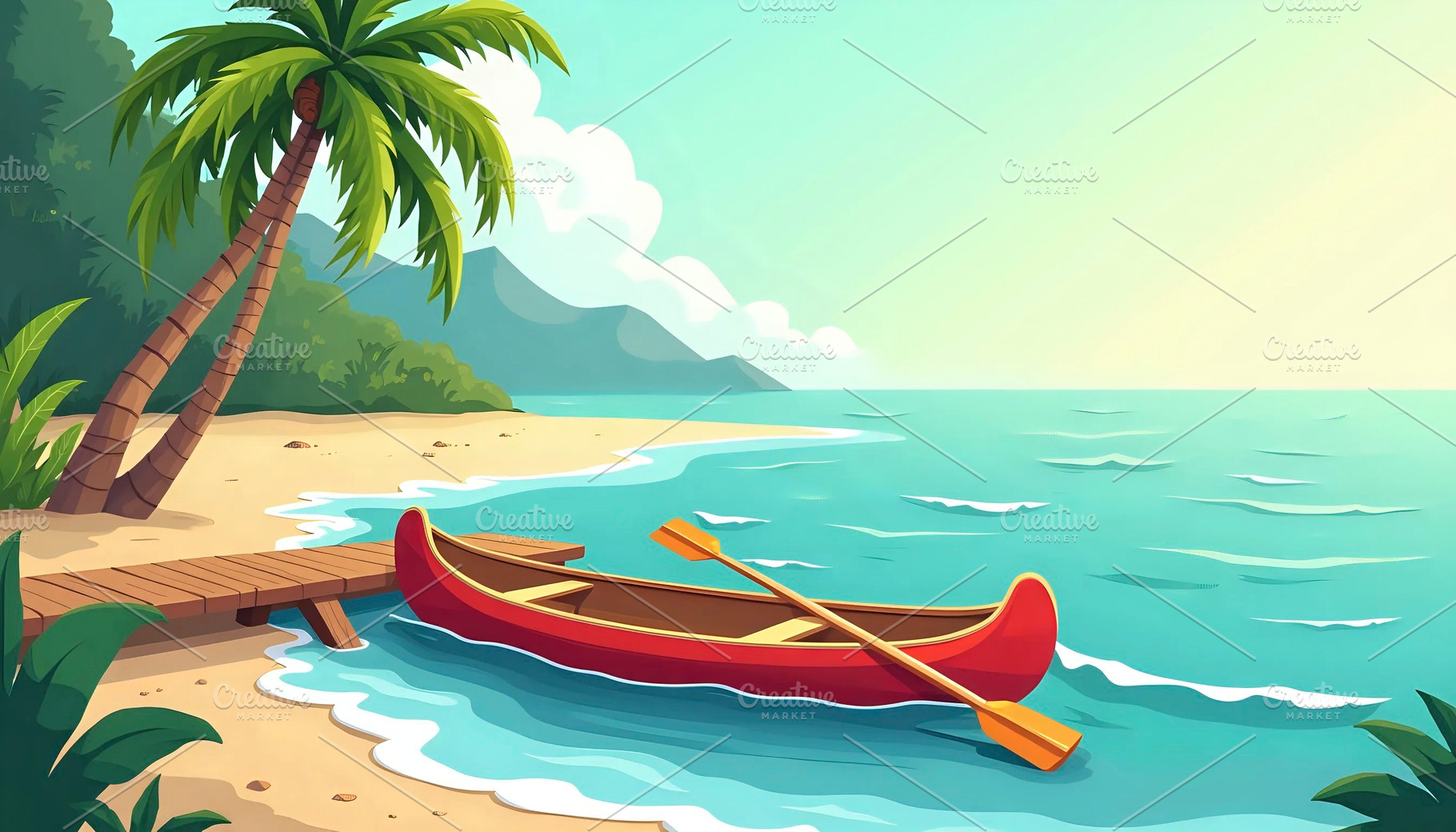 Island Canoe Dock With Surf And Palm, a Photo by LOGOCREATIVE