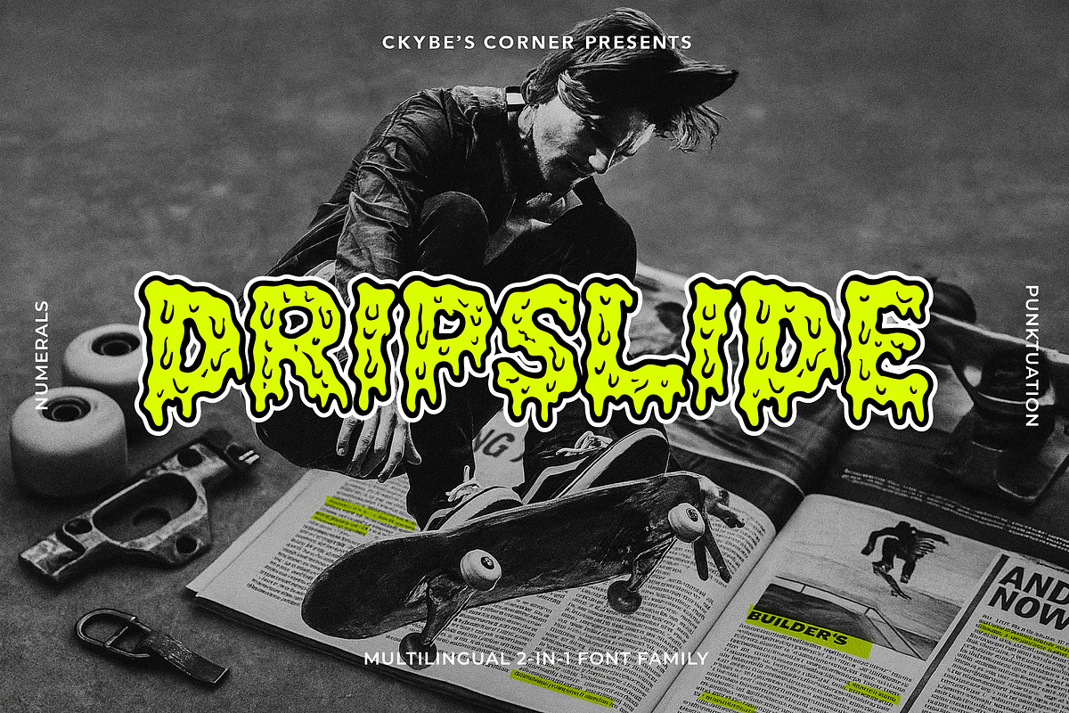 DRIPSLIDE | Skate-Punk Font Duo, a Sans Serif Font by Ckybe's Corner (Photo 1 of 7)
