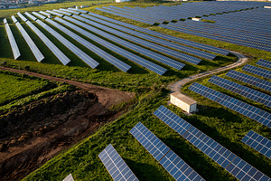 Vast solar panel field showcasing renewable energy generation in a rural landsc, a Photo by andreonegin market