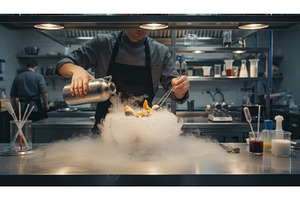 Chef in a professional kitchen pours, a Food & Drink Photo by Igor Tichonow